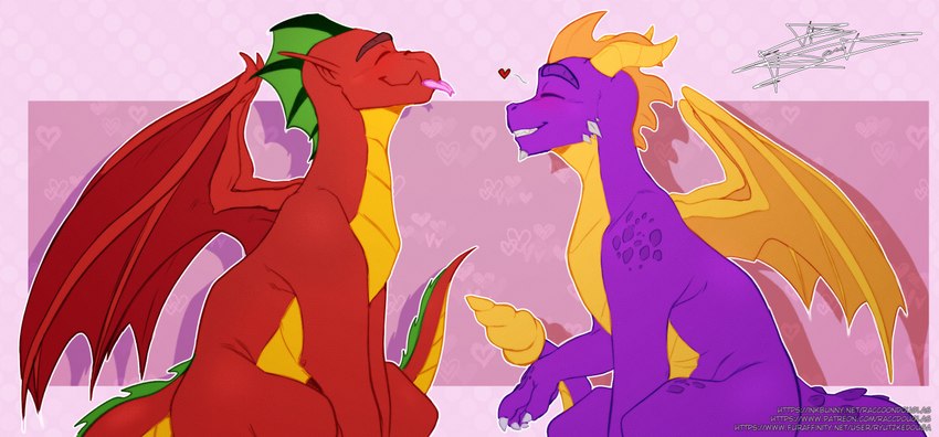 countershade_neck countershade_tail countershade_torso countershading duo feral horn male membrane_(anatomy) membranous_wings purple_body red_body smile tail tongue tongue_out wings yellow_body yellow_countershading raccoondouglas activision american_dragon:_jake_long disney mythology spyro_the_dragon jake_long spyro dragon mythological_creature mythological_scalie scalie