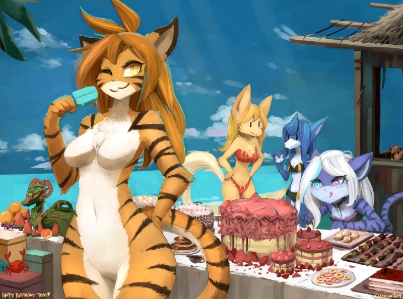 ambiguous_gender anthro anthro_focus arm_tuft beach blonde_hair blue_body blue_fur blue_hair breasts cake casual_nudity cheek_tuft chest_tuft choker clothed clothed/nude clothed_female clothing cookie countershading day dessert detailed_background elbow_tuft facial_tuft featureless_breasts featureless_crotch female feral food fully_clothed fur group hair hands_on_hips heterochromia holding_food holding_object jewelry licking licking_lips naturally_censored navel necklace nude one_eye_closed orange_body orange_fur outside popsicle seaside sky smile standing striped_body striped_fur stripes tail tongue tongue_out tuft white_hair wink yellow_body yellow_fur kameloh bloodline_(webcomic) twokinds aegis_(infinitedge) ember_(bloodline) flora_(twokinds) mrs._nibbly naoki_(kameloh) roberto_(twokinds) ambient_arthropod ambient_crab ambient_crustacean ambient_sealife canid canine canis domestic_dog felid mammal pantherine rodent sciurid tiger tree_squirrel wolf 2019 hi_res