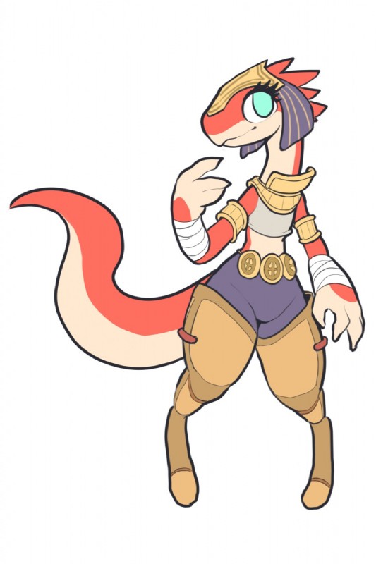 4_fingers anthro armlet armor blue_eyes collar female fingers flat_chested greaves headgear helmet pigeon_toed red_body simple_background solo white_background itsunknownanon ever_oasis nintendo miura drauk scalie hi_res