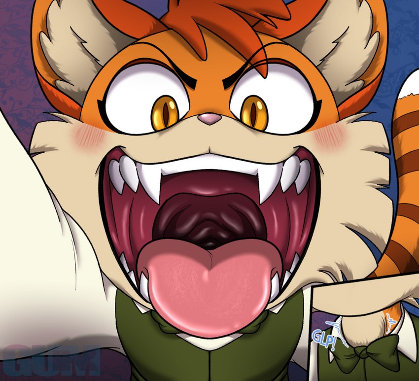 amber_eyes anthro anthro_pred blush bow_tie fangs first_person_view fur male male_pred mawplay mouth_shot open_mouth orange_body orange_fur prey_pov pupils slit_pupils swallowing teeth tongue tongue_out unseen_prey vore gum-k lackadaisy calvin_mcmurray domestic_cat felid feline felis mammal 2023