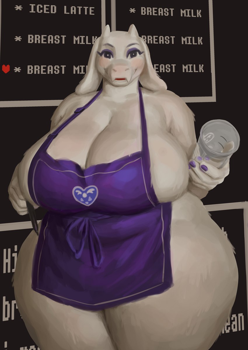 5_fingers anthro apron apron_only big_breasts breasts cleavage clothed clothing container cup curvy_figure dialogue dual_holding female fingers floppy_ears heart_before_text heart_symbol holding_container holding_cup holding_object holding_pen holding_writing_utensil horn huge_breasts huge_hips huge_thighs long_ears looking_at_viewer mature_anthro mature_female mostly_nude muffin_top overweight overweight_anthro overweight_female pen repeated_text side_boob solo standing text text_box text_with_heart thick_thighs voluptuous wide_hips writing_utensil patacon i_mean_breast_milk starbucks undertale undertale_(series) toriel boss_monster_(undertale) bovid caprine goat mammal absurd_res digital_media_(artwork) digital_painting_(artwork) english_text hi_res meme portrait three-quarter_portrait