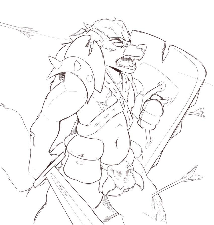 angry armor arrow_(weapon) male melee_weapon ranged_weapon shield solo sword warrior weapon wounded yelling kida_howlette canid canine canis domestic_dog mammal wolf absurd_res hi_res sketch