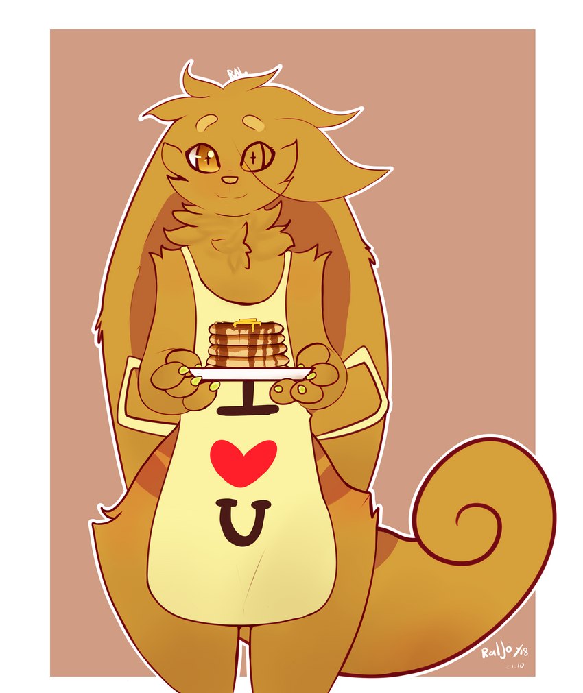 4_fingers anthro apron apron_only blush brown_body brown_eyes brown_fur claws clothing cross_pupils curled_tail femboy fingers floppy_ears fluffy food front_view fur long_ears looking_at_viewer male mostly_nude outline pancake pupils simple_background smile solo symbol-shaped_pupils tail text text_on_apron text_on_clothing unusual_pupils white_outline raljoy ral tojol 2019 absurd_res digital_media_(artwork) hi_res