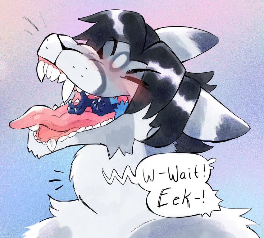 almost_fully_inside anthro arm_tuft black_eyebrows black_hair blue_body blue_feathers blue_talons blush cheek_tuft claws countershading duo eek eyebrows eyes_closed facial_tuft feathers fur glistening glistening_hair gradient_background grey_body grey_claws grey_fur grey_markings hair male male/male markings neck_tuft oral_vore partially_inside pink_tongue sharp_teeth shoulder_tuft simple_background teeth text toe_claws tongue tuft vore whiskers white_body white_countershading white_fur white_markings birdpaw_(artist) gorda_punta izak avian bird corvid florida_scrub_jay jay_(bird) new_world_jay oscine passerine scrub_jay 2021 digital_media_(artwork) digital_painting_(artwork) english_text painting_(artwork)