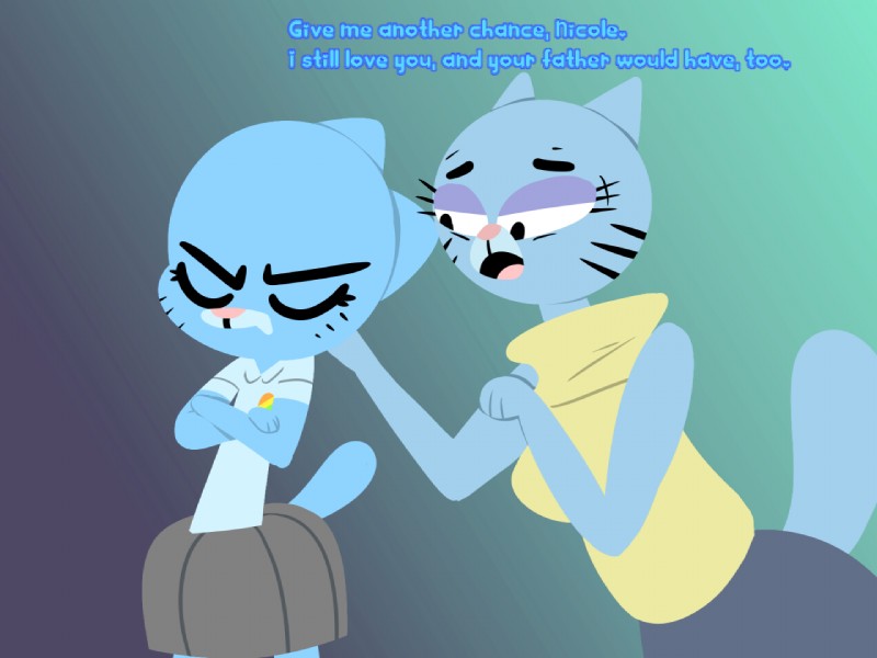 anthro blue_body blue_fur bottomwear clothing duo female fur mature_anthro mature_female shirt simple_background skirt sweater text topwear turtleneck whiskers flutteringpie cartoon_network the_amazing_world_of_gumball mary_senicourt nicole_watterson domestic_cat felid feline felis mammal 2016 4:3 digital_media_(artwork) daughter_(lore) mother_(lore) mother_and_child_(lore) mother_and_daughter_(lore) parent_(lore) parent_and_child_(lore) parent_and_daughter_(lore)