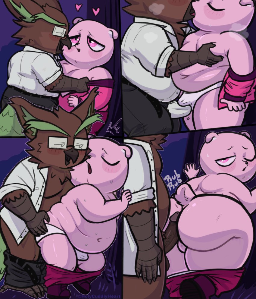 anthro balls blush breasts clothed clothing duo erection eyewear genitals glasses male male/male overweight overweight_male penis pink_body sex holycuddlyheart unicorn_wars fan_character gordi_(unicorn_wars) avian bear bird mammal owl ursine absurd_res comic hi_res