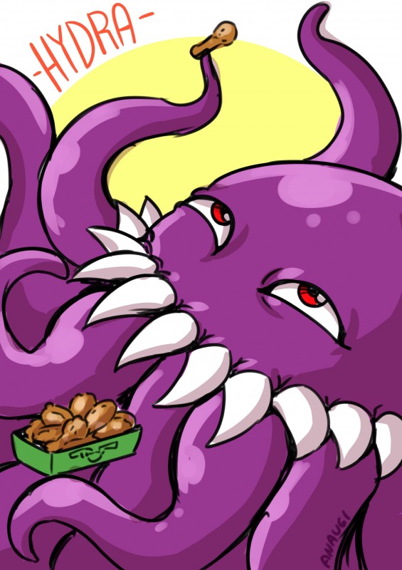 chicken_meat food fried_chicken male meat purple_body red_eyes sharp_teeth smile solo teeth tentacles text anaugi final_fantasy final_fantasy_vi square_enix ultros tentacle_creature absurd_res english_text hi_res signature