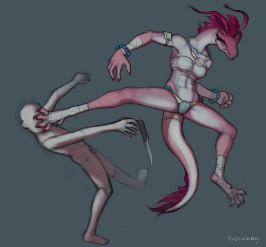 5_fingers 5_toes anthro athletic athletic_anthro athletic_female breasts claws clothing duo exposure_variation feet female fight fingers hair horn kick knife non-mammal_breasts pink_body pink_hair simple_background spread_legs spreading tail toes tussamag mythology dragon mythological_creature mythological_scalie scalie absurd_res hi_res