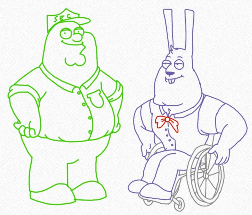 anthro bow_(feature) bow_tie clothed clothing disability duo male muscular muscular_male overweight overweight_male security_uniform simple_background text vehicle wheelchair white_background unknown_artist family_guy five_nights_at_freddy's roommates:motha scottgames bonnie_(fnaf) bonworth_(roommates) joe_swanson mike_schmidt mike_schmidt_(roommates) peter_griffin animal_humanoid human humanoid lagomorph lagomorph_humanoid leporid mammal mammal_humanoid digital_drawing_(artwork) digital_media_(artwork) english_text