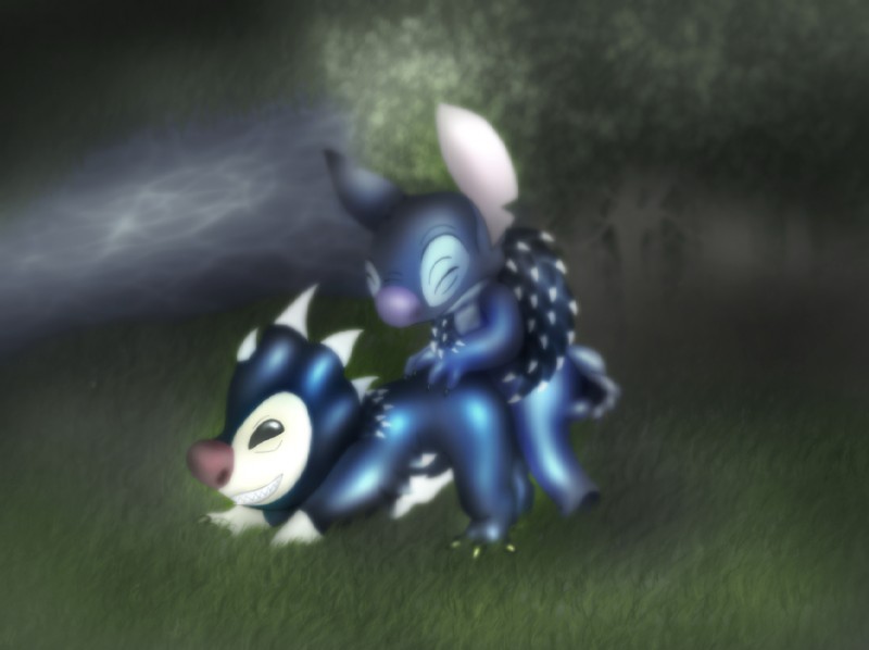 anthro black_eyes blue_body claws duo eyes_closed forest grin male male/male narrowed_eyes notched_ear plant sex sharp_teeth smile squint teeth tree amegared disney lilo_and_stitch spike_(lilo_and_stitch) stitch_(lilo_and_stitch) alien experiment_(lilo_and_stitch)