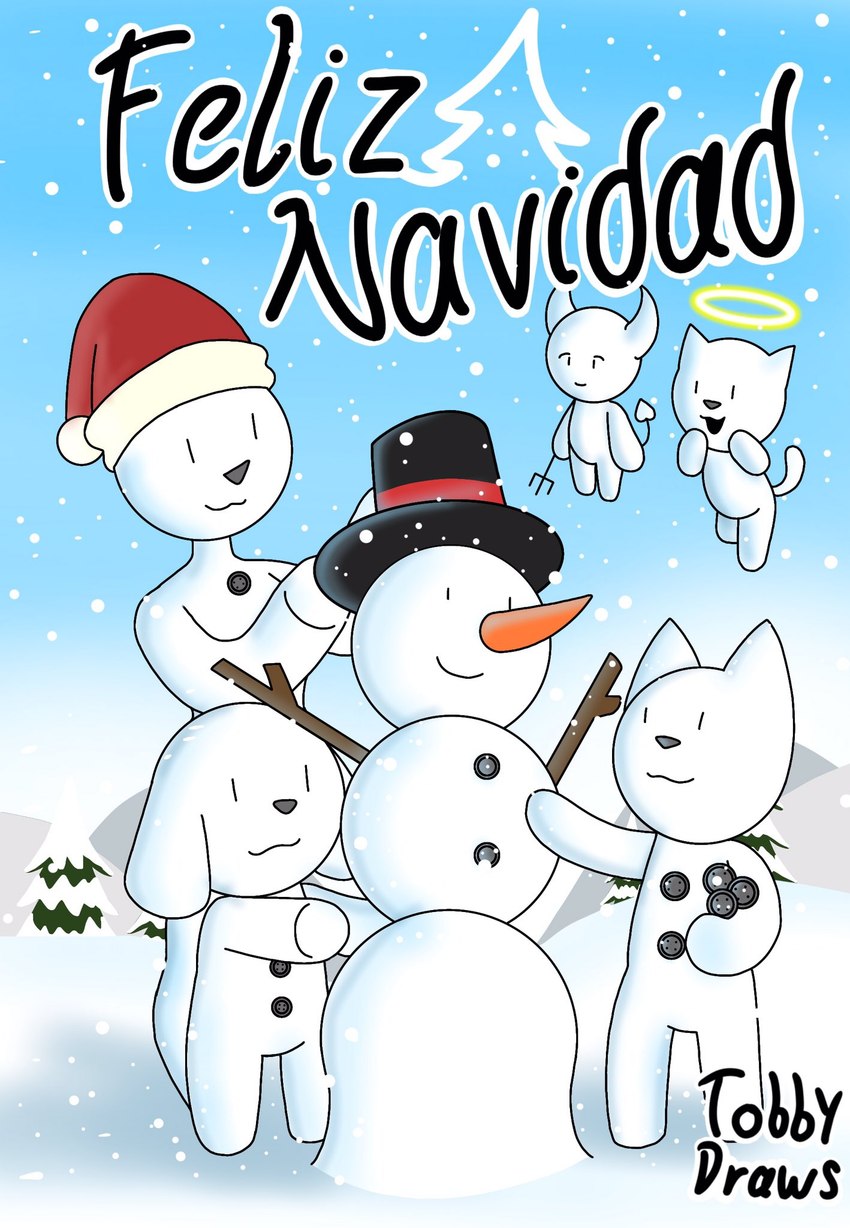 clothing female group hat headgear headwear male male/female merry_christmas snow snowman white_body tobydraws4 felix_(tobydraws4) lucy_(tobydraws4) tobby_(tobydraws4) angel canid canine felid feline imp mammal hi_res