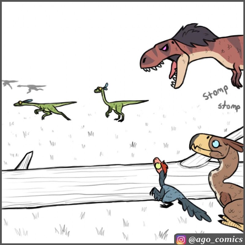 feral group outside plant size_difference text tree pet_foolery instagram roxy_the_t-rex terrorbird_(pet_foolery) twig_the_velociraptor avian bird cariamiform dinosaur dromaeosaurid prehistoric_species reptile scalie terror_bird theropod tyrannosaurid tyrannosauroid tyrannosaurus tyrannosaurus_rex velociraptor 1:1 english_text