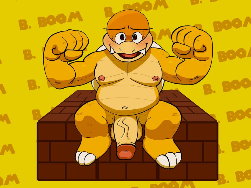 anthro balls biceps blush casual_nudity feet genitals humanoid_genitalia humanoid_hands humanoid_penis male manly navel nipples nude pecs penis simple_background smile solo pooncartoonist mario_bros nintendo boom-boom boom-boom_(character) koopaling boom_boom koopa reptile scalie turtle 4:3 hi_res