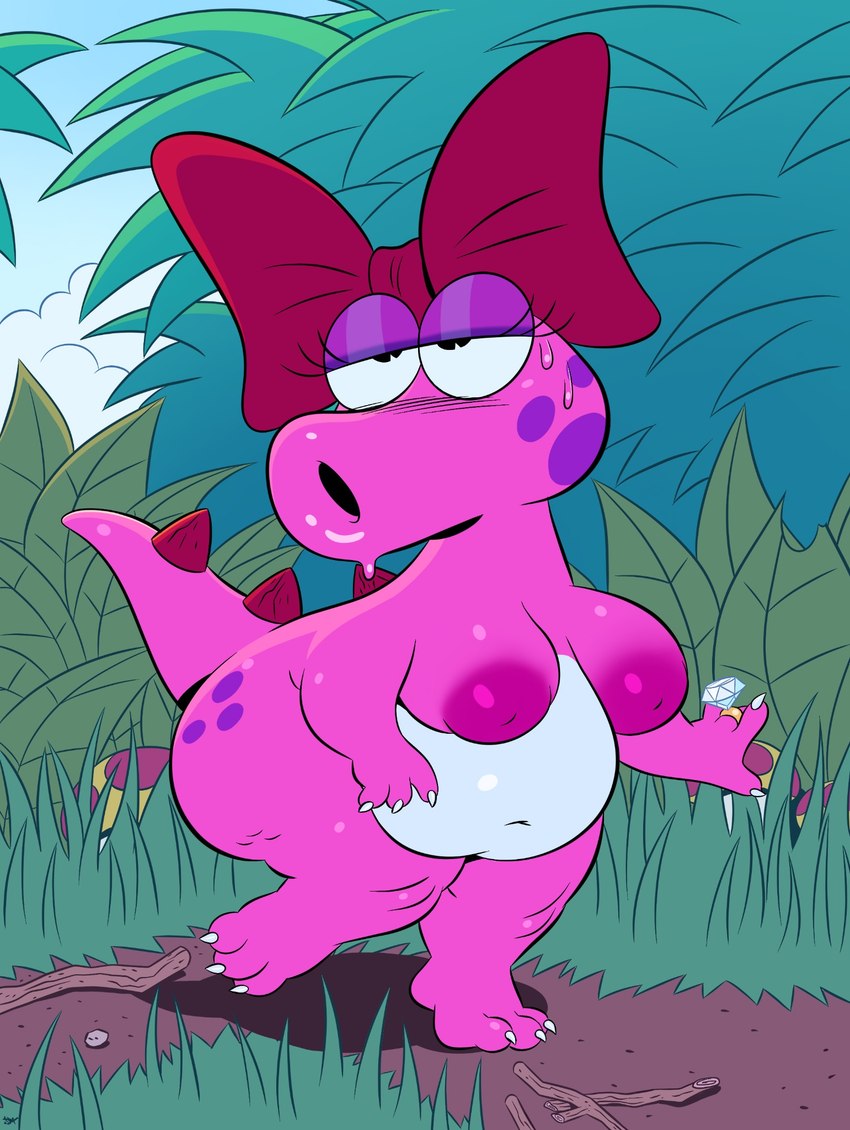 bodily_fluids breasts cellulite female nipples open_mouth pink_body puffy_nipples red_bow ring slightly_chubby solo sweat tail deepcreases mario_bros nintendo birdo dinosaur prehistoric_species reptile scalie hi_res