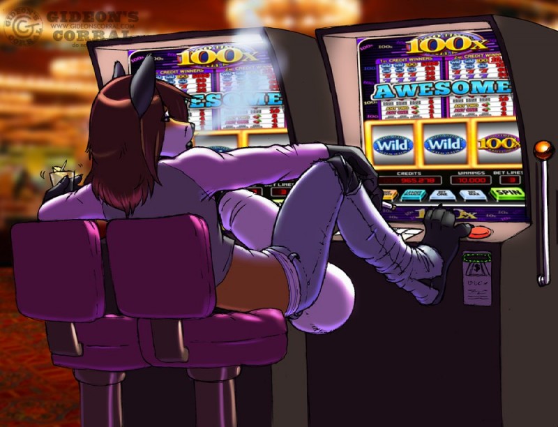 anthro balls beverage big_penis casino cigarette clothing erection gambling genitals huge_penis hyper hyper_genitalia hyper_penis male penis slot_machine smoking solo gideon cox canid canine fox mammal