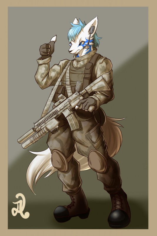 anthro border camo clothed clothing fingerless_gloves gloves gun handwear male ranged_weapon rifle simple_background solo standing weapon yellow_border d.angelo canid canine mammal absurd_res hi_res