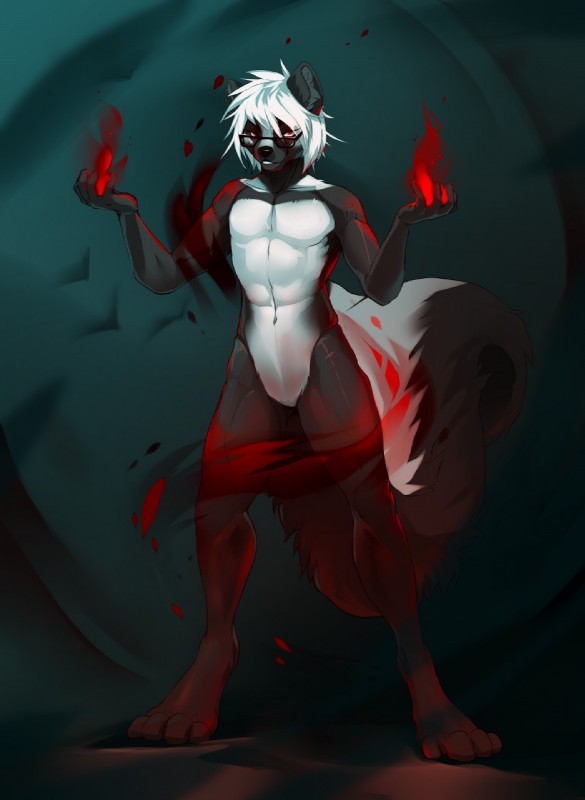 4_toes 5_fingers anthro black_body black_fur eyewear featureless_crotch feet fingers fur glasses hair magic magic_user male nude red_eyes solo toes white_hair viga mammal mephitid skunk 2020 digital_media_(artwork) hi_res