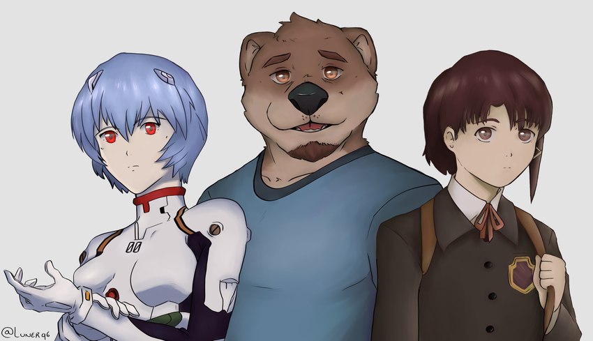 anthro clothed clothing female group male trio luner96_(artist) echo_(game) echo_(series) echo_project neon_genesis_evangelion serial_experiments_lain chase_hunter iwakura_lain rei_ayanami human humanoid mammal mustelid otter 2023 absurd_res hi_res