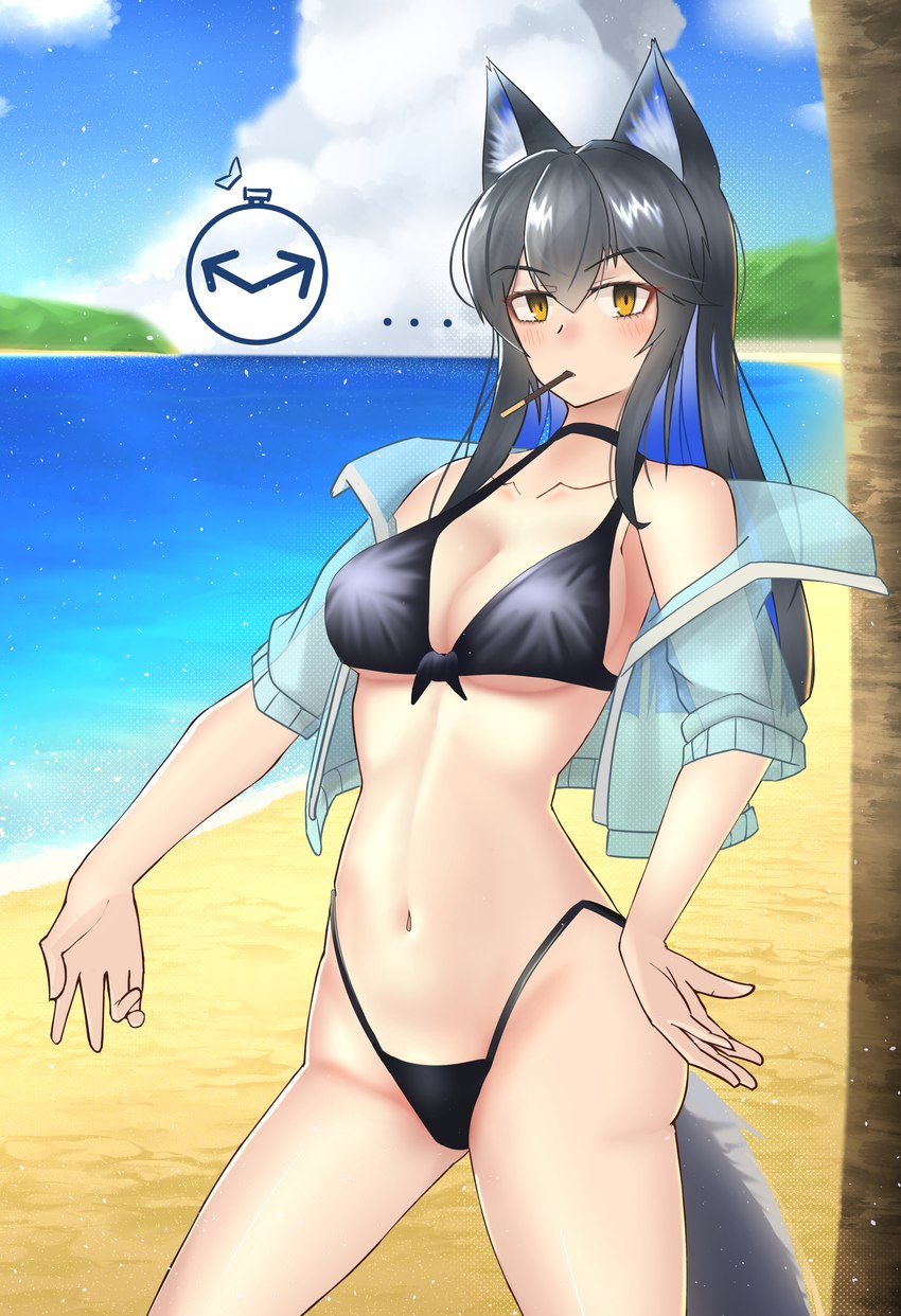 animal_ears animal_tail beach big_breasts black_clothing black_swimwear blue_clothing blue_topwear blush blush_lines breasts choker clothed clothing ellipsis eyebrow_through_hair eyebrows eyelashes female food food_in_mouth front_view fur grey_body grey_fur grey_hair hair jewelry long_hair looking_at_viewer navel necklace open_clothing open_topwear pocky_in_mouth sea solo swimwear tan_body tan_skin thick_thighs time_stop topwear translucent translucent_hair water wide_hips yellow_eyes tonesword arknights hypergryph pocky studio_montagne texas_(arknights) animal_humanoid canid canid_humanoid canine canine_humanoid humanoid mammal mammal_humanoid wolf_humanoid absurd_res censored hi_res mosaic_censorship