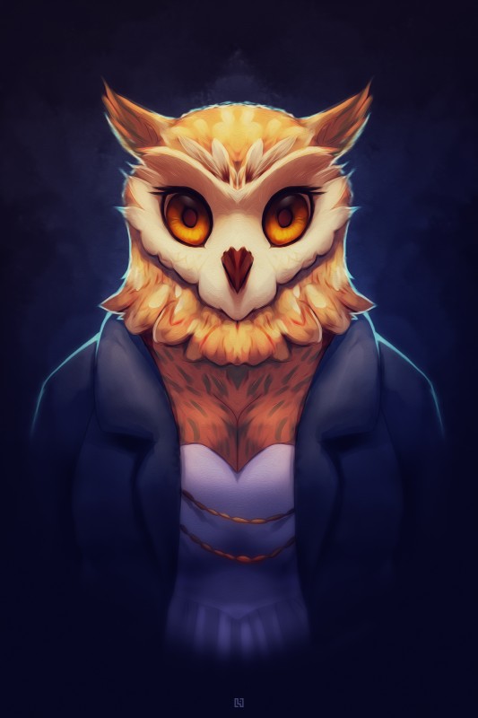 beak brown_body brown_feathers clothed clothing feathered_ears feathers female jewelry looking_at_viewer orange_eyes solo lokpik bojack_horseman netflix wanda_pierce avian bird owl 2018 2:3 absurd_res half-length_portrait hi_res portrait