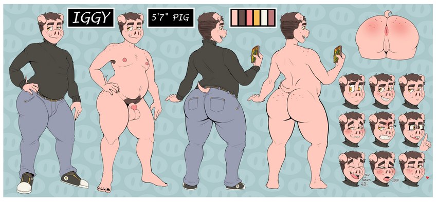 anthro anus armpit_hair ass_up balls belly belt belt_buckle big_balls big_belly big_bulge big_butt blush blush_lines blush_stickers blushing_profusely body_hair border bottomwear buckle bulge butt chubby_cheeks clothed clothed/nude clothed_anthro clothing colored_nails denim denim_bottomwear denim_clothing electronics eyewear floppy_ears freckled_butt freckled_face freckled_shoulders freckles genitals glasses hair jeans male nails nerd nipples nude pants penis phone phone_screen pig_nose presenting presenting_hindquarters pubic_fuzz short_hair short_tail size_difference slightly_chubby slightly_chubby_anthro slightly_chubby_humanoid slightly_chubby_male small_penis smaller_male smile snout solo sweater tail teeth thick_thighs tooth_gap topwear turtleneck white_border wide_hipped_male wide_hips zenarator_(artist) iggy_(zenarator) domestic_pig humanoid mammal suid suina sus_(pig) absurd_res hi_res model_sheet