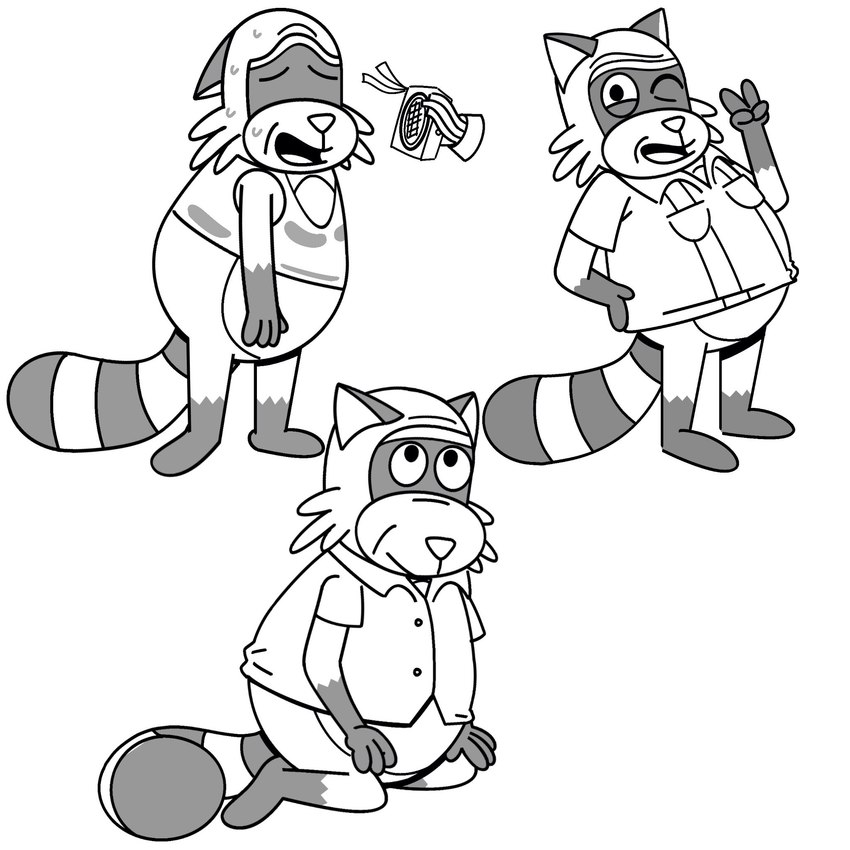 4_fingers anthro belly biped clothing eyes_closed fingers male one_eye_closed open_mouth shirt slightly_chubby solo topwear wink fictionist12 robot_dreams rascal_(robot_dreams) mammal procyonid raccoon 1:1 2024 hi_res