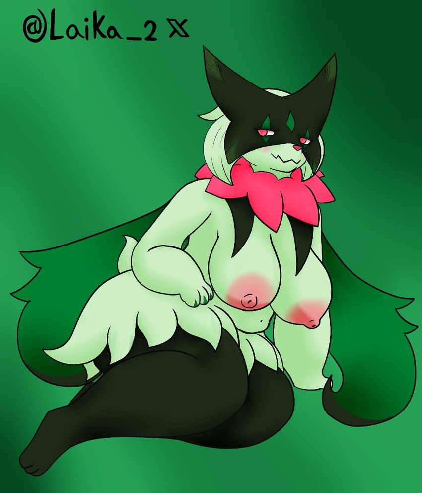 anthro areola big_breasts blush breasts female looking_at_viewer nipples pink_areola pink_nipples solo thick_thighs laika_2 nintendo pokemon domestic_cat felid feline felis generation_9_pokemon mammal meowscarada pokemon_(species) hi_res