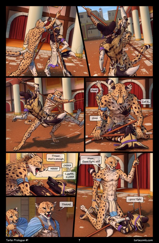 4_toes 5_fingers anthro bottomwear clothing day detailed_background dialogue digitigrade feet fingers holding_object holding_weapon loincloth lying male male/male on_back open_mouth outside red_tongue sky teeth text toes tongue weapon conditional_dnp titusw ti'maar_(titusw) african_wild_dog canid canine cheetah felid feline mammal 2019 comic digital_media_(artwork) hi_res url