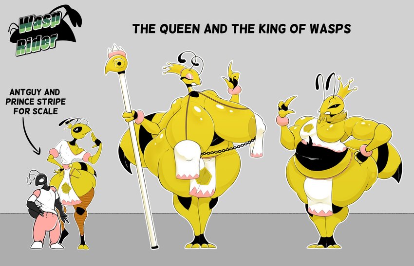 antennae_(anatomy) anthro big_breasts big_butt black_body breasts bulge butt crown female femboy group headgear huge_breasts huge_butt hyper hyper_breasts hyper_butt male mature_female mature_male mostly_nude musclegut muscular simple_background size_difference stinger text thick_thighs venus_figure yellow_body elisalevin ant arthropod hymenopteran insect wasp english_text hi_res model_sheet shaded simple_shading