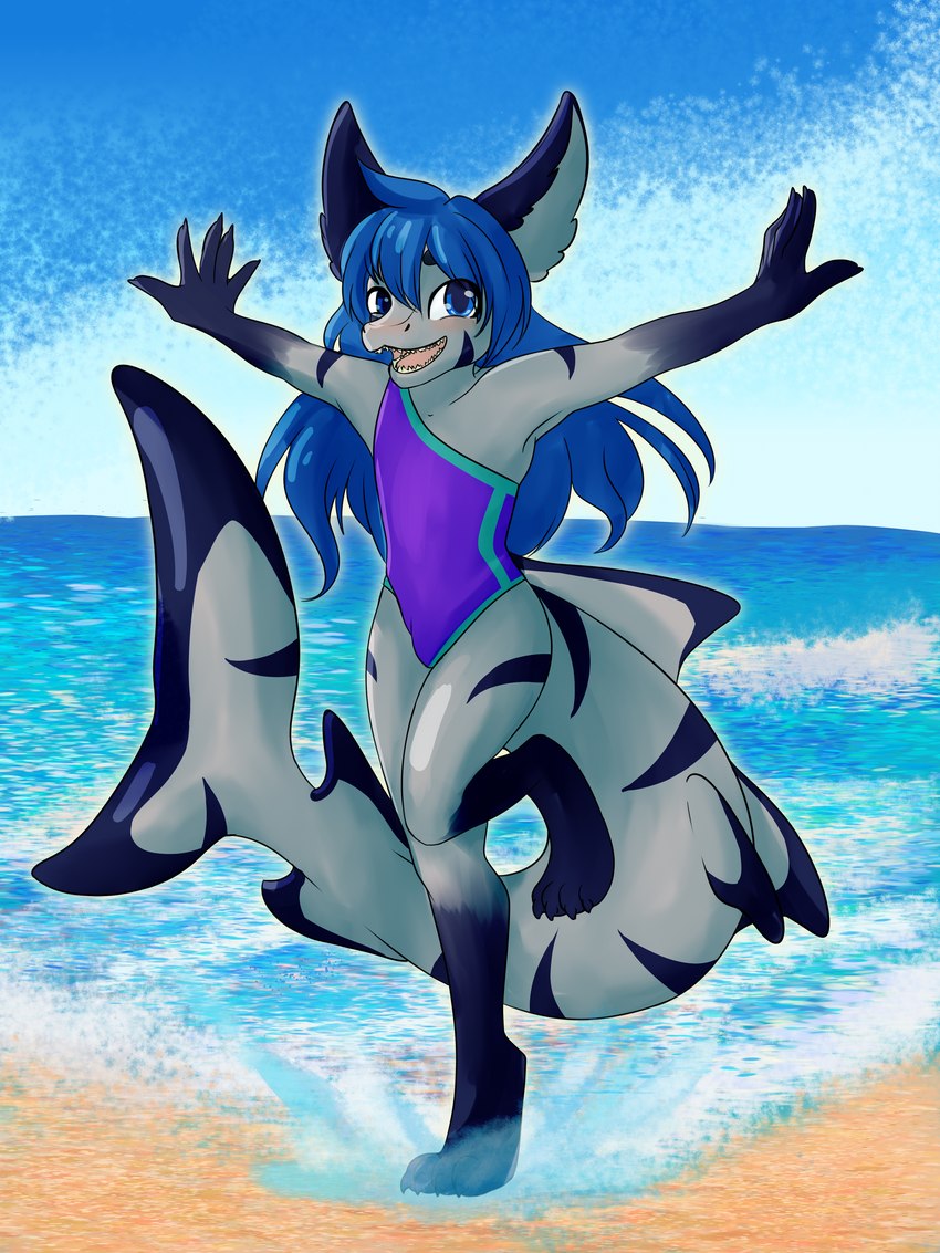 4_toes 5_fingers anthro beach big_tail blue_hair blush clothing feet female fingers grey_body hair happy markings one-piece_swimsuit open_mouth open_smile seaside sharp_teeth single_strap single_strap_clothing single_strap_swimsuit single_strap_swimwear smile solo swimwear tail teeth toes tongue water young kenzume fish marine shark 3:4 absurd_res hi_res