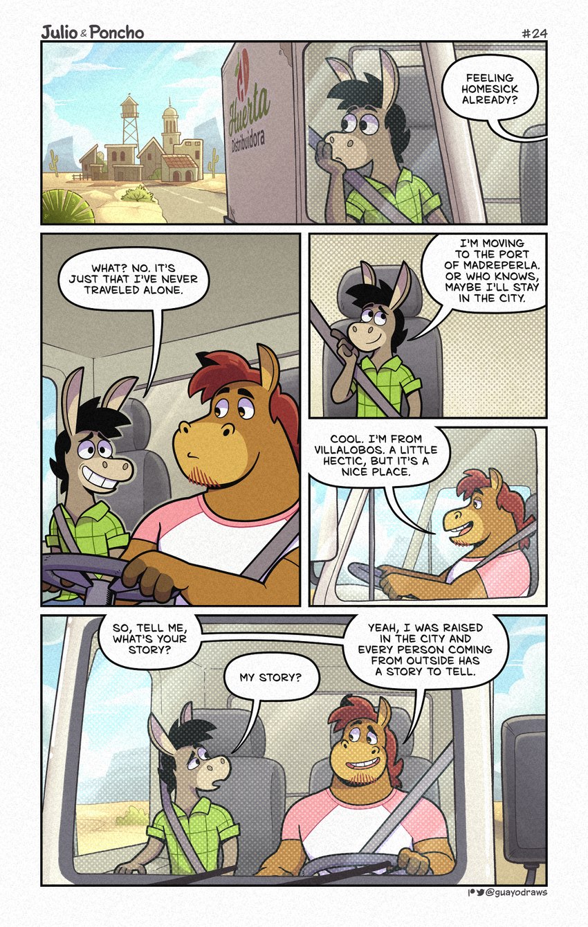 anthro brown_body car clothing detailed_background dialogue duo inside_car inside_vehicle male shirt sitting smile text topwear vehicle guayodraws julio_(julio_&_poncho) poncho_(julio_&_poncho) asinus donkey equid equine horse mammal 2023 comic english_text hi_res