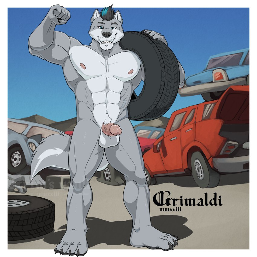 4_toes 5_fingers abs anthro balls bedroom_eyes biceps big_chest big_muscles black_claws black_hair black_nose black_pawpads blue_eyes blue_highlights border broad_shoulders calf_muscles car car_wheel cheek_tuft claws countershading damaged_vehicle day erection facial_tuft feet finger_claws fingers fist flexing flexing_bicep fluffy fluffy_tail fur genitals grey_body grey_fur hair head_tuft highlights_(coloring) holding_tire humanoid_genitalia humanoid_penis junkyard looking_at_viewer male multicolored_body multicolored_fur muscular muscular_anthro muscular_male narrowed_eyes navel nipples nude outsider pawpads paws pecs penis pink_nipples pink_penis plantigrade pose roman_numeral seductive serratus sky smile solo standing tail teeth tire toe_claws toes toothy_smile triceps tuft two_tone_body two_tone_fur vehicle vein veiny_penis wheel whisker_spots whiskers white_body white_border white_fur grimsvault leon_grundt canid canine canis mammal wolf 1:1 2023 artist_name cel_shading digital_drawing_(artwork) digital_media_(artwork) shaded signature simple_shading