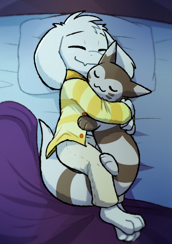 anthro bed brown_body brown_fur cuddling daww duo feral fur furniture happy male multicolored_body multicolored_fur on_bed paws sleeping smile two_tone_body two_tone_fur uwu white_body white_fur yellow_pajamas blitzdrachin conditional_dnp nintendo pokemon undertale undertale_(series) asriel_dreemurr boss_monster_(undertale) bovid caprine furret generation_2_pokemon mammal mustelid pokemon_(species) 2018 absurd_res crossover hi_res