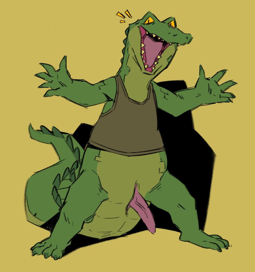 animal_genitalia anthro clothing dorsal_ridge feet genital_slit genitals green_body looking_at_viewer male open_mouth penis shirt simple_background solo standing tail tank_top tapering_penis teeth topwear yellow_eyes flookz alligator alligatorid crocodilian reptile scalie 2023 digital_media_(artwork) full-length_portrait hi_res portrait