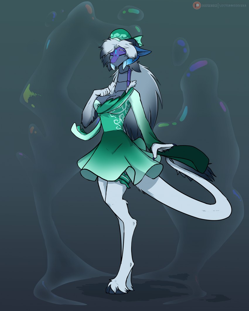 anthro breasts clothing dress eyes_closed female floppy_ears fur hair horn long_hair long_tail solo tail white_body white_fur psychorodent mythology rzeka_(psychorodent) dragon mythological_creature mythological_scalie scalie snatyr hi_res