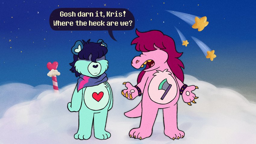 anthro bracelet claws cloud detailed_background duo falling_star female heart_symbol humor jewelry male obscured_eyes parody sky speech_bubble spiked_bracelet spikes style_emulation text devlunar care_bears deltarune kris_where_are_we undertale_(series) kris_(deltarune) susie_(deltarune) bear dinosaur mammal prehistoric_species reptile scalie 2022 english_text hi_res meme