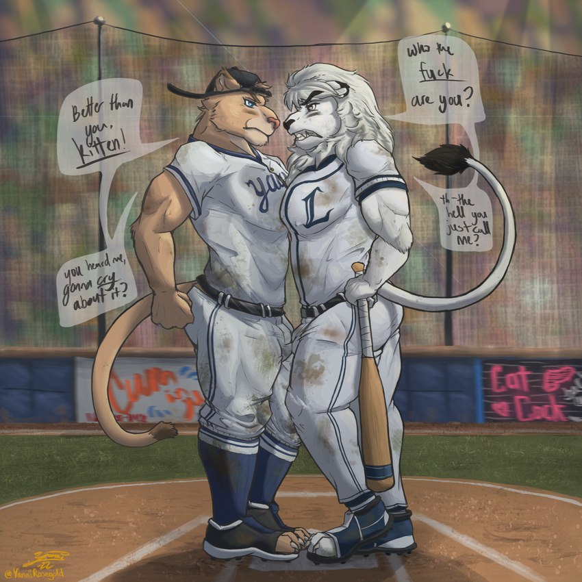 anthro argument backwards_baseball_cap backwards_hat bared_teeth baseball_(sport) baseball_base baseball_bat baseball_cap baseball_field baseball_uniform bat_(object) belt black_eyes black_nose blue_eyes bulge bulge_frottage butt cleats clothed clothing dialogue dialogue_box duo flexing footwear fully_clothed fur glare grass hand_on_hip hat headgear headwear male male/male mascot muscular muscular_male paw_shoes pecs pecs_touching pink_nose plant public raised_tail shoes sport sportswear stained_clothing tail tan_body tan_fur tight_clothing uniform white_body white_fur yannirosegold mexican_pacific_league nippon_professional_baseball saitama_seibu_lions yaco_puma_striptease yaquis_de_obregon leo_(saitama_seibu_lions) yaco_puma cougar felid feline lion mammal pantherine 1:1 adobe_photoshop_(artwork) digital_media_(artwork) hi_res