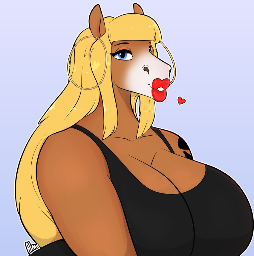 anthro breasts clothed clothing ear_piercing female hair heart_symbol lips lipstick makeup piercing red_lipstick simple_background solo thick_lips almy fiona_maray equid equine horse mammal absurd_res hi_res