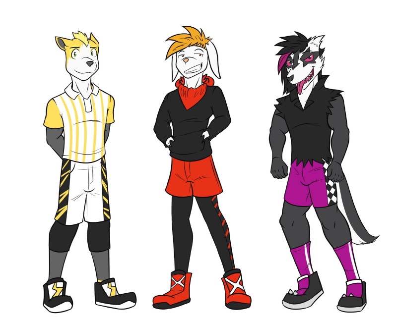 anthro anthrofied bottomwear clothing group male shorts simple_background soccer_uniform sportswear uniform white_background fuze nintendo pokemon davie_(fuze) ed_(fuze) king_(fuze) boltund galarian_form galarian_linoone generation_8_pokemon pokemon_(species) raboot regional_form_(pokemon) 5:4 full-length_portrait hi_res portrait