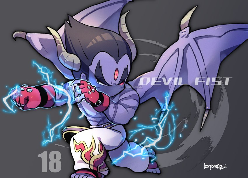 action_pose black_hair clothing electricity fingerless_gloves gloves hair handwear horn male membrane_(anatomy) membranous_wings not_furry pose purple_body purple_skin simple_background solo text wings kotorai tekken devil_kazuya kazuya_mishima demon demon_humanoid humanoid english_text signature