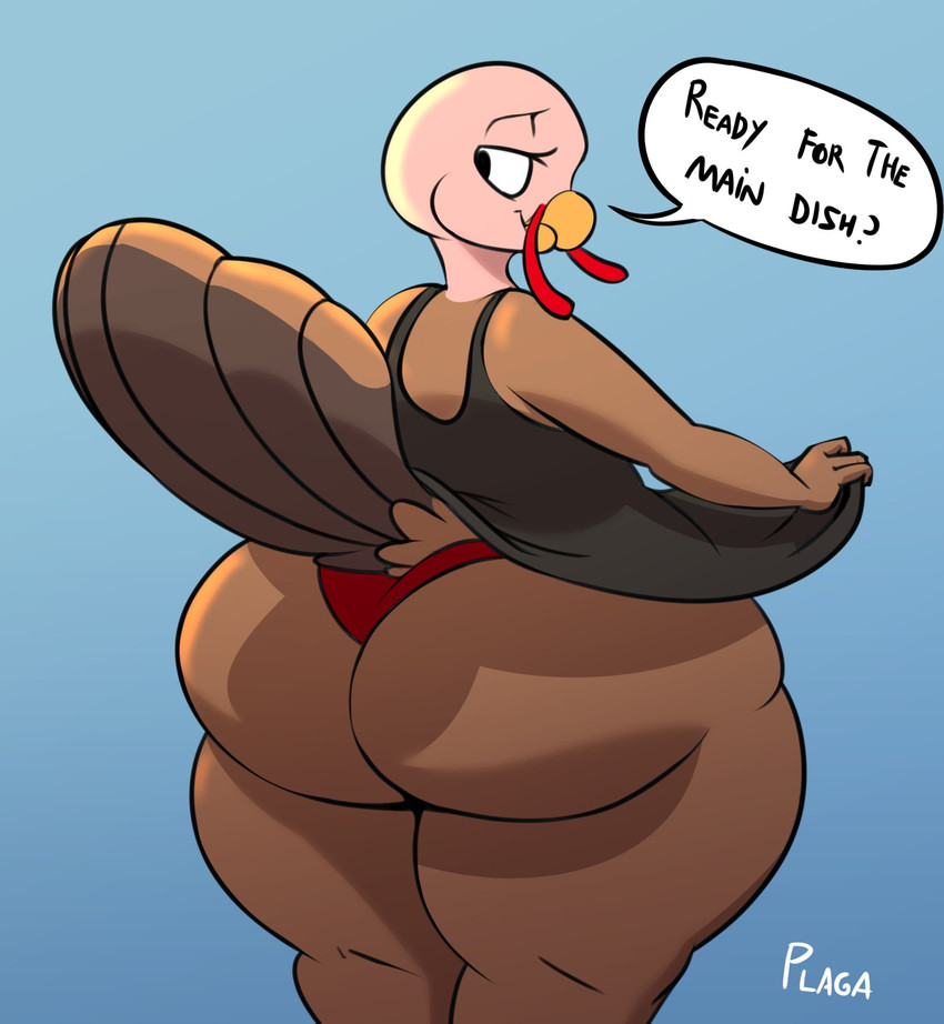 anthro avian_caruncle beak bedroom_eyes big_butt blue_background bottomwear butt butt_focus clothed clothing clothing_lift curvy_figure dialogue dress dress_lift eyelashes feathers female fully_clothed holidays huge_butt looking_back narrowed_eyes rear_view seductive simple_background skimpy smile smirk snood_(anatomy) solo speech_bubble tail tail_feathers text thick_thighs thong topwear underwear voluptuous wide_hips yellow_beak plaga thanksgiving marie_(plaga) avian bird galliform phasianid turkey digital_media_(artwork) english_text hi_res shaded signature