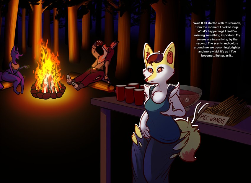 anthro breast_growth breasts campfire clothing confusion container cup dialogue drinking ear_growth expansion female fire forest forest_background fur furniture gender_transformation group growth hair hair_shrinking hand_on_breast hand_on_crotch log male medium_breasts mtf_transformation nature nature_background orange_body orange_eyes orange_fur party plant purple_body purple_fur red_hair sitting species_transformation stick table tail tail_growth text thick_thighs thigh_expansion torn_clothing transformation tree trio white_body white_fur wood yellow_body yellow_fur sjevi nintendo pokemon braixen canid canine fox generation_6_pokemon mammal pokemon_(species) colored english_text