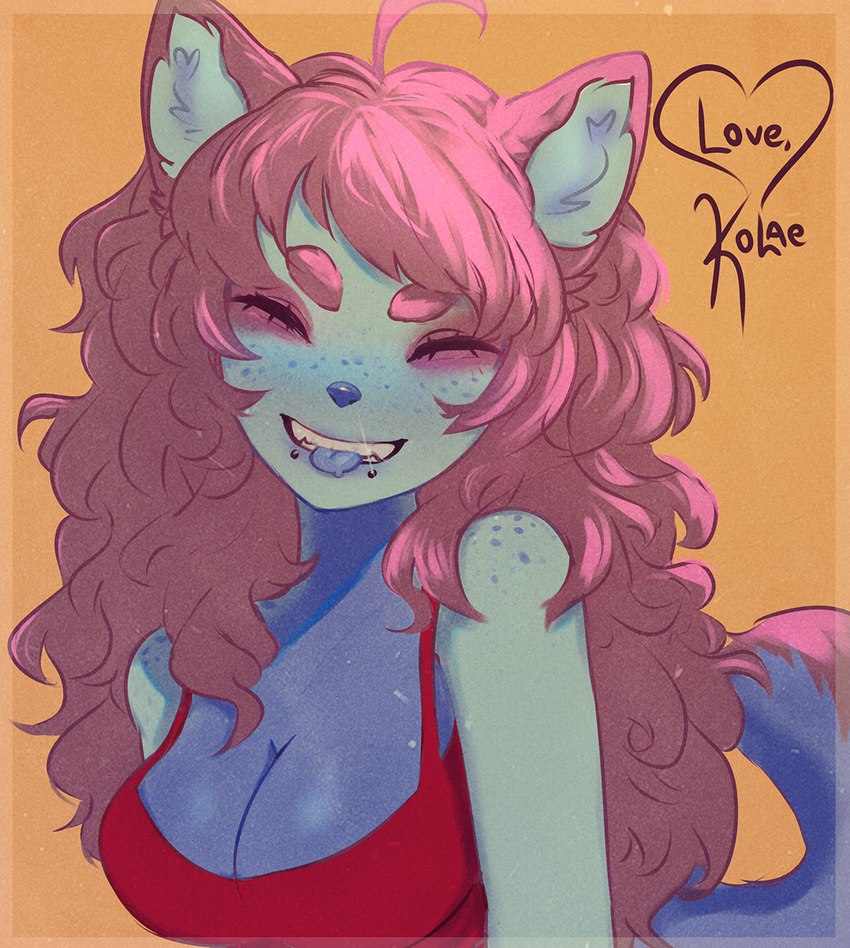 ahoge anthro autograph blue_body blue_fur blue_nose blue_tongue border breasts character_signature cleavage clothed clothing eyes_closed female fluffy fluffy_hair fur hair pink_hair red_clothing red_topwear smile solo sparklefur teeth tongue tongue_out topwear kolae kolae_(character) canid canine canis domestic_dog husky mammal nordic_sled_dog spitz 2024 hi_res shaded