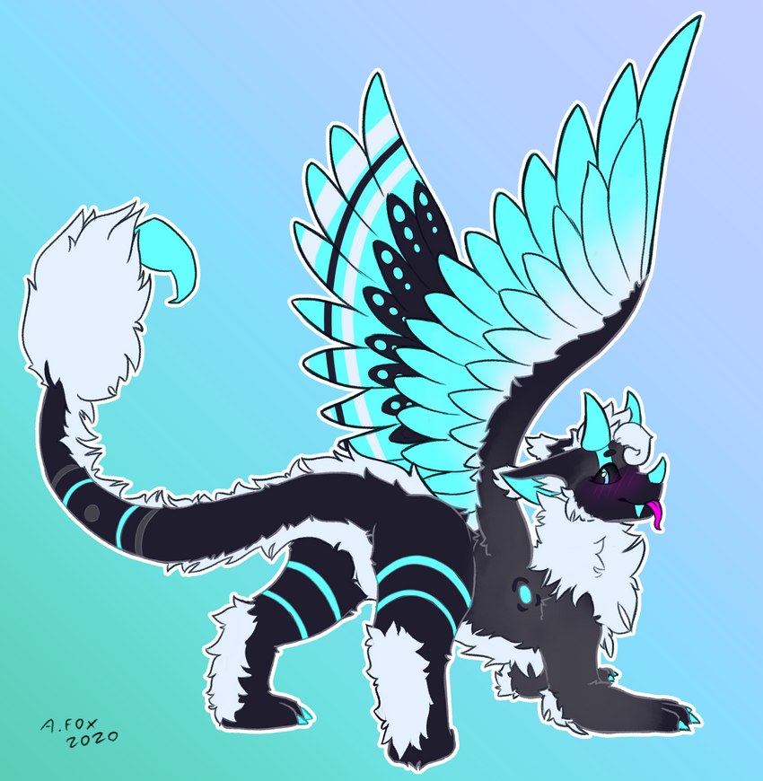 black_body black_sclera blep blush fangs feral fur horn male solo spread_wings tail teeth tongue tongue_out white_body white_fur wings mr.albafox mythology bobythedragon dragon mythological_creature mythological_scalie scalie hi_res