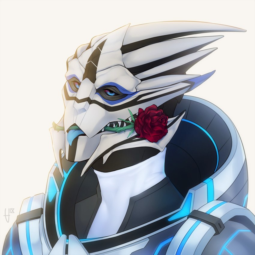 armor blue_eyes blue_tongue bodypaint face_paint flower flower_in_mouth male open_mouth plant rose_(flower) rose_in_mouth solo teeth tongue tongue_out aiws bioware electronic_arts mass_effect thedax_(character) alien turian 1:1 bust_portrait hi_res portrait