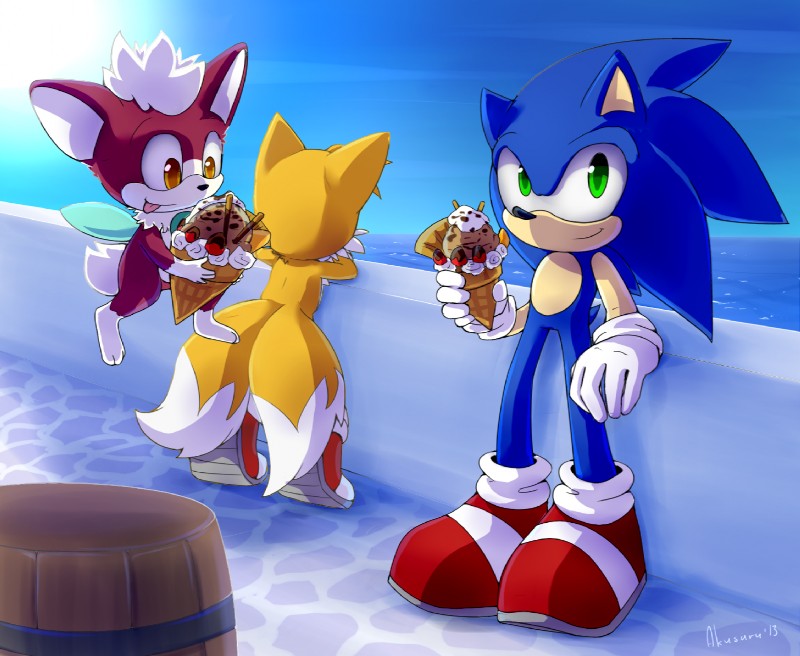 anthro barrel big_eyes big_head black_nose clothing dessert dipstick_tail food footwear gloves green_eyes group handwear ice_cream male markings multi_tail multicolored_tail smile tail tail_markings toony water yellow_eyes akusuru sega sonic_the_hedgehog_(series) sonic_unleashed chip_(sonic) miles_prower sonic_the_hedgehog canid canine eulipotyphlan fox hedgehog mammal 2013 signature