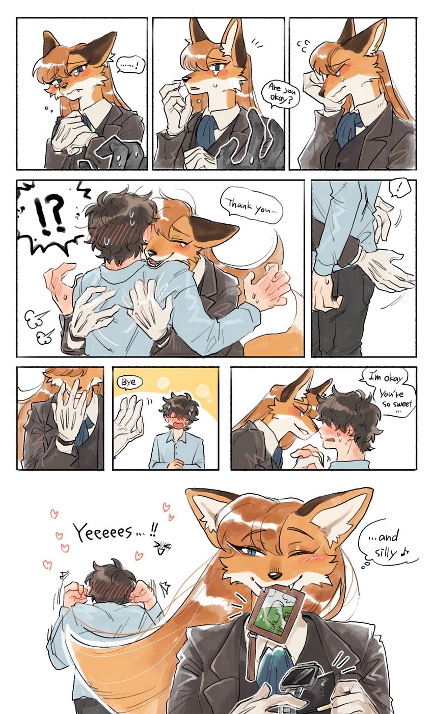 anthro blue_eyes blush bodily_fluids cloves dialogue duo female hug male pickpocket pickpocketing speech_bubble tears text thief wallet ng_hus canid canine fox human mammal comic english_text hi_res