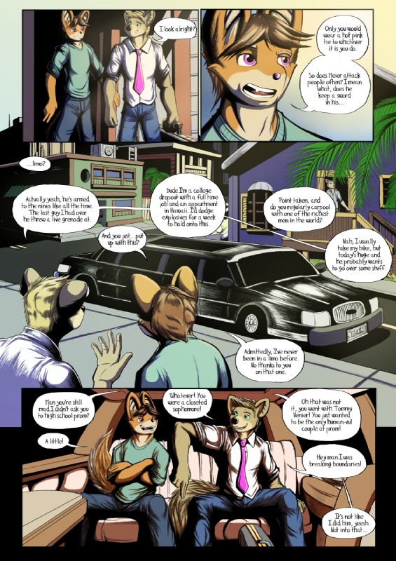 anthro blonde_hair brown_hair car clothing dialogue duo ear_piercing false_start fur green_eyes hair inside_car limousine luxury_car male necktie outside piercing public_transportation purple_eyes purple_nose speech_bubble text vehicle vehicle_for_hire boneitis leon_henderson simon_(boneitis) canid canine mammal comic english_text hi_res