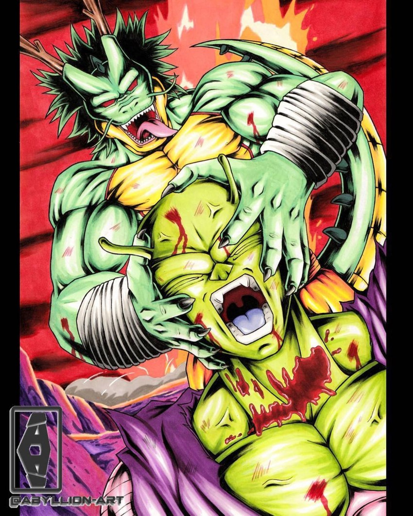 5_fingers antennae_(anatomy) anthro anthrofied antler_horns bandage bandaged_arm biceps black_claws blood_on_arms blood_on_chest blood_on_head blood_on_neck blue_tongue bottomwear bruised claws clothing duo explosion eyes_closed fingers green_body green_hair green_scales green_whiskers hair head_spikes male multicolored_body multicolored_scales muscular muscular_anthro muscular_male not_furry open_mouth orange_bottomwear orange_clothing orange_waistband red_eyes red_sky red_tongue rock scales screaming screencap screencap_background sharp_teeth shoulder_blades sky smoke snout spiked_tail spikes spikes_(anatomy) tail tan_body tan_scales teeth tongue topwear torn_clothing torn_topwear two_tone_body two_tone_scales uvula vein veiny_head veiny_muscles whiskers abyllion_art shenron.inc mythology king_piccolo shenron dragon eastern_dragon humanoid mythological_creature mythological_scalie namekian scalie 2022 digital_media_(artwork) hi_res watermark