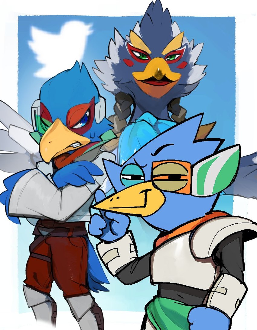 anthro beak blue_body blue_feathers feathers group male open_mouth red_body red_feathers smile smug trio twitter_logo liteu breath_of_the_wild deltarune nintendo star_fox the_legend_of_zelda twitter undertale_(series) berdly falco_lombardi revali avian bird rito crossover